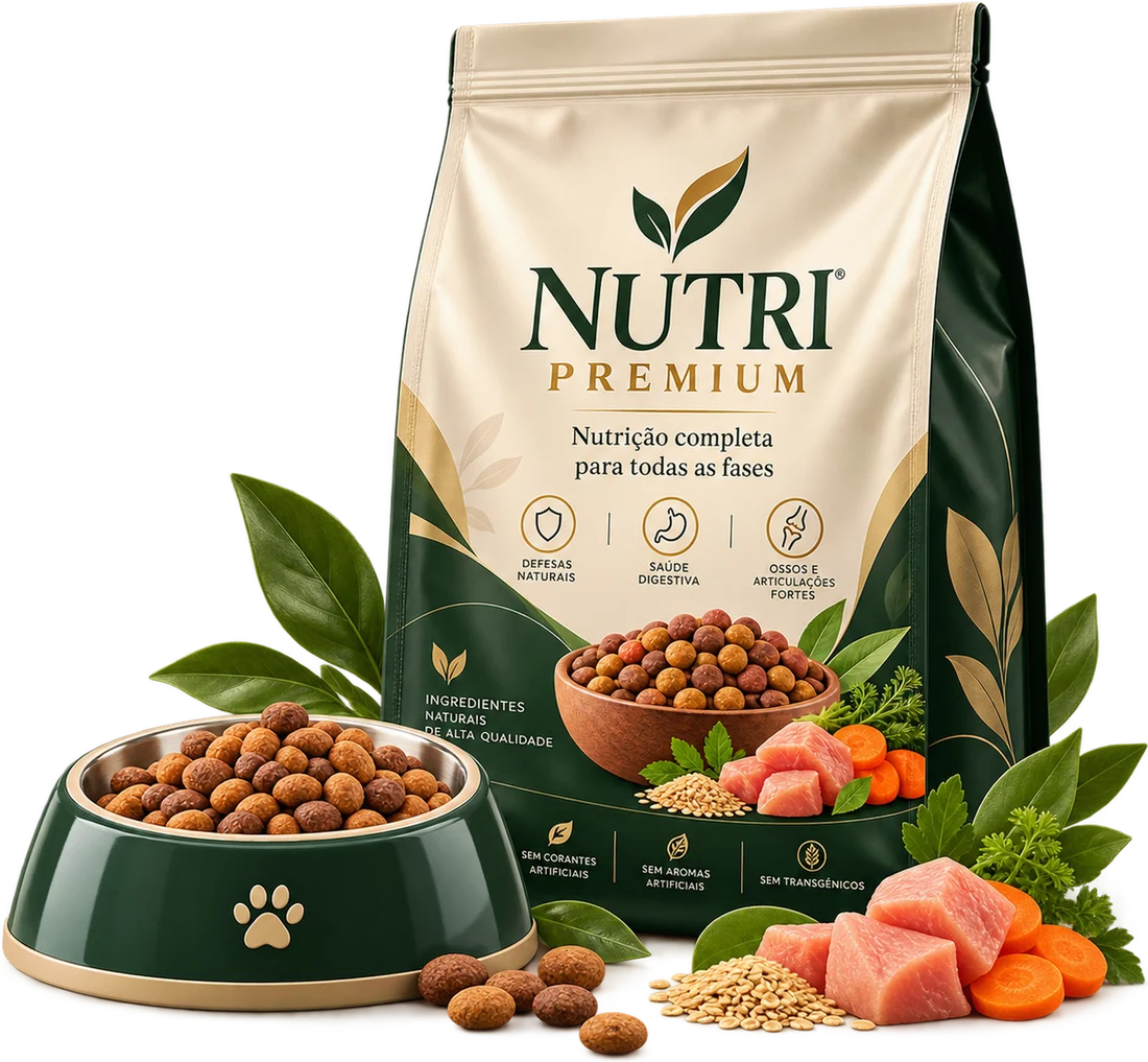 Ração Nutri Premium com comedouro e ingredientes naturais