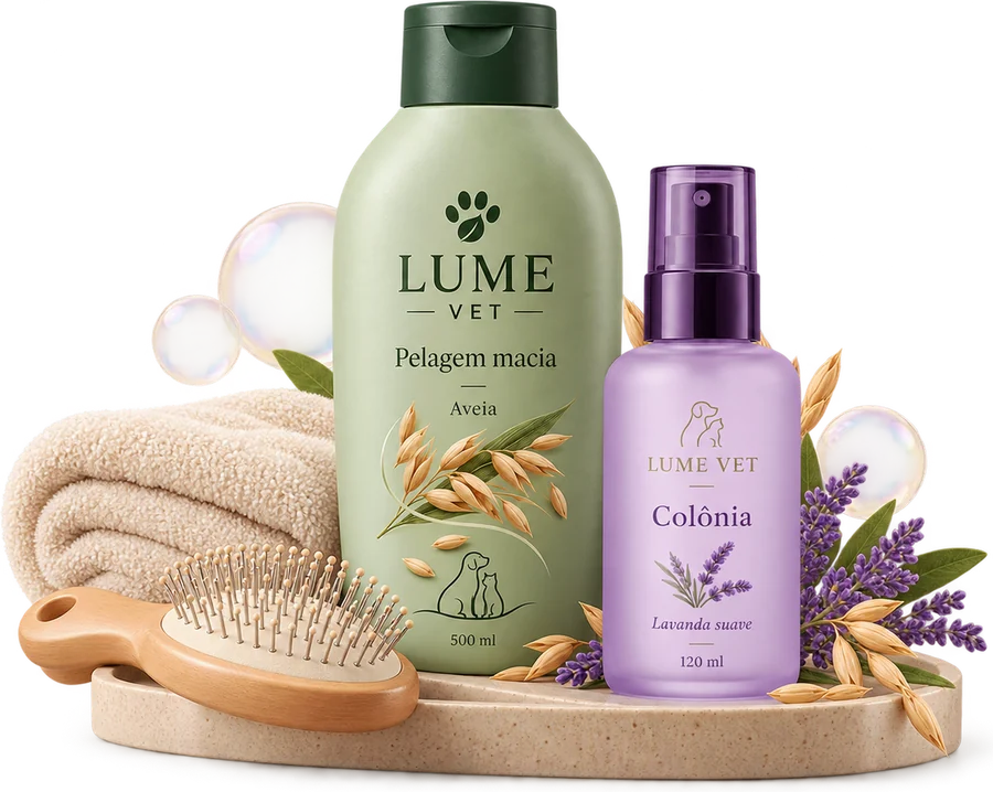 Shampoo e colônia Lume Vet com toalha e escova