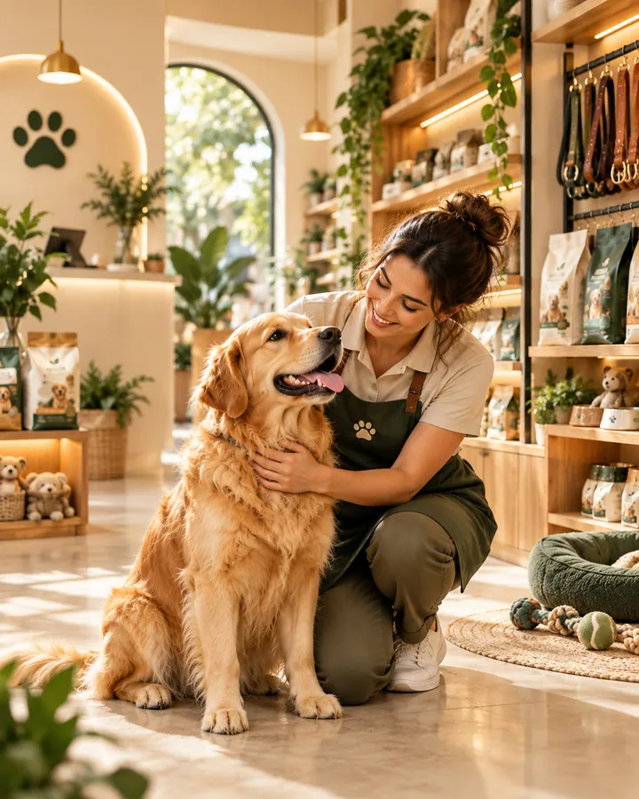 Atendente de pet shop com um golden retriever